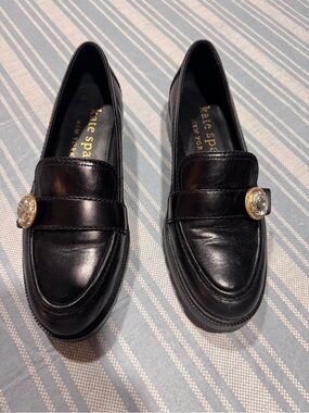 kate spade Black Leather Loafers with Gold Jewel Accent
